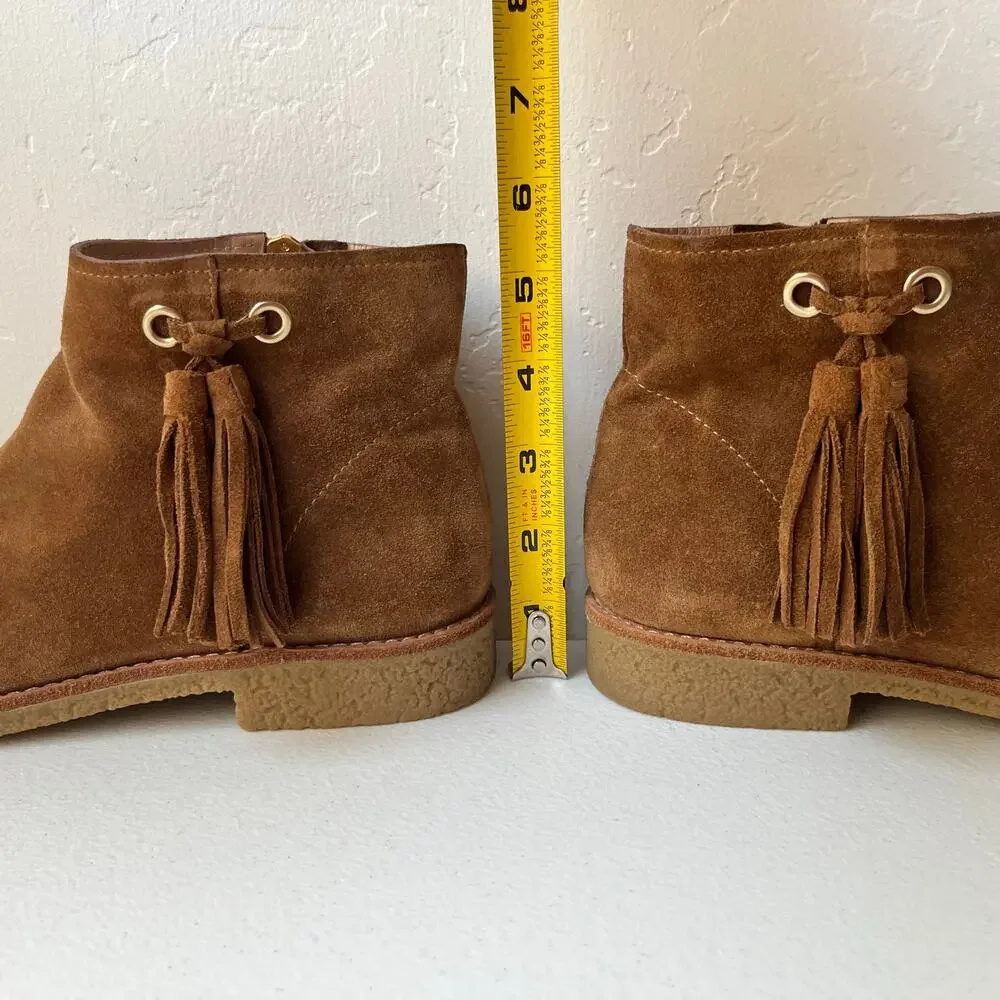Kate Spade Size 8 Bellamy Ankle Boots Tan Suede Fringe Tassel Side Zip Neutral